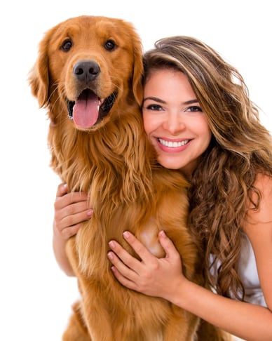 Happy woman with a dog - isolated over a white background