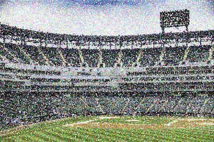 Pointillist abstract of open-air baseball stadium at night, for themes of sports, competition, fandom-1
