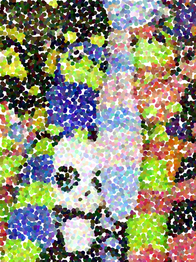 Pointillized abstract of stuffed toy prizes in a carnival booth