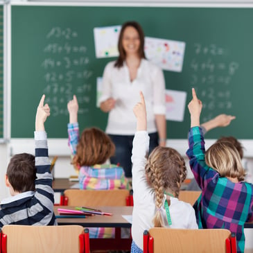 Portrait of children raised their hands in the classroom